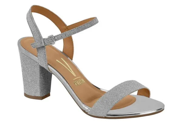 Sandalias Tacon Grueso Vizzano Tela Shine Paris/Metal Glamour Plata